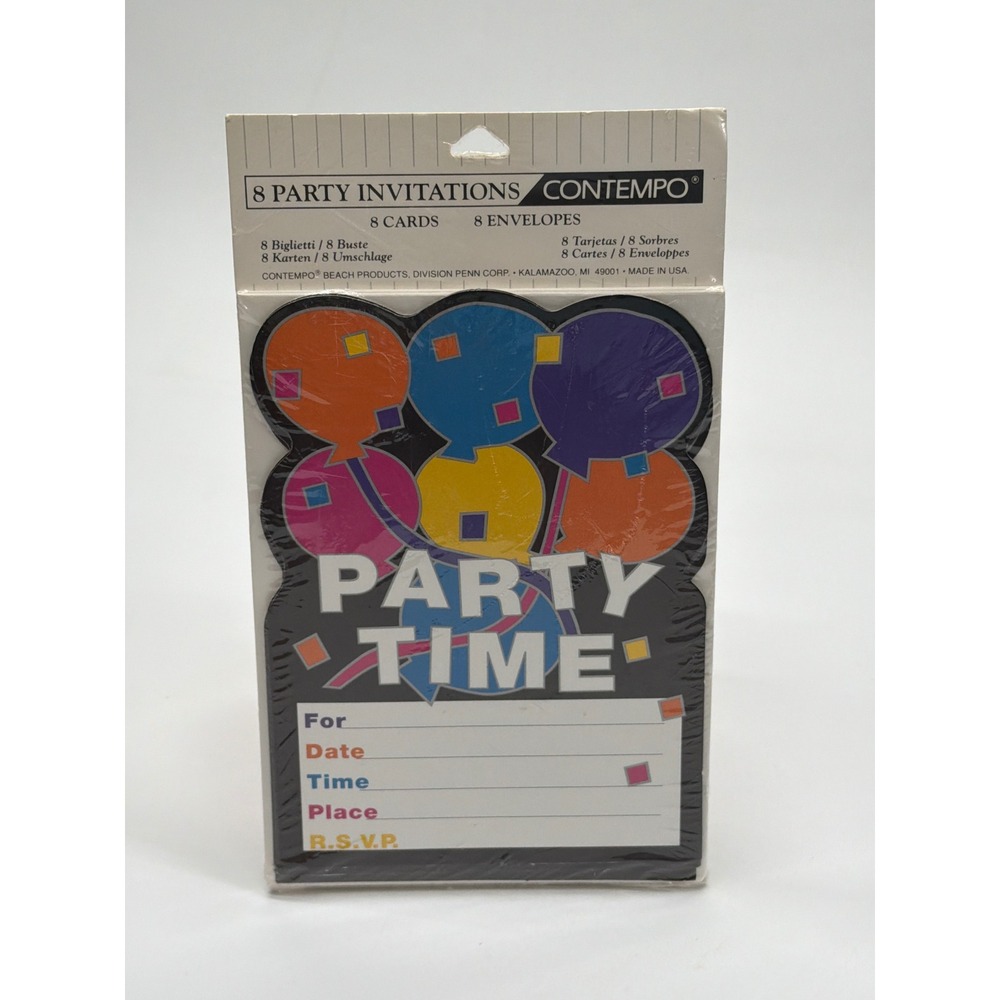 Contempo‎ Party Time Invitations 8 Count Balloons Die Cut Vintage Sealed